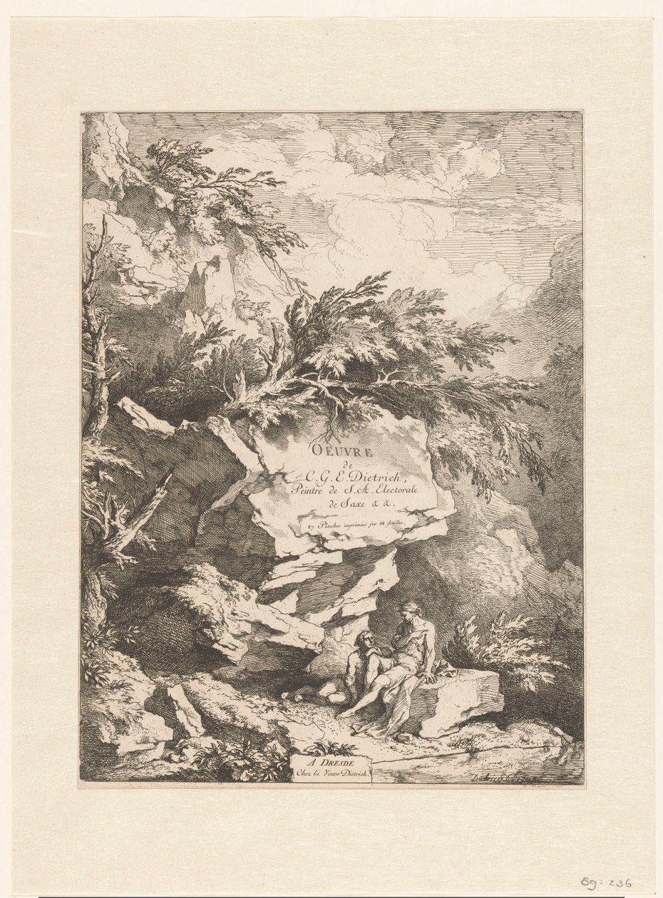 岩石景观，两个人物在石头上休息
迪特里希的作品（系列名称）
Oeuvre de C. G. E. Dietrich, Peintre de S. A. Electorale de Saxe（......）（作品上的系列名称） 作者 克里斯蒂安·威廉·欧内斯特·迪特里希