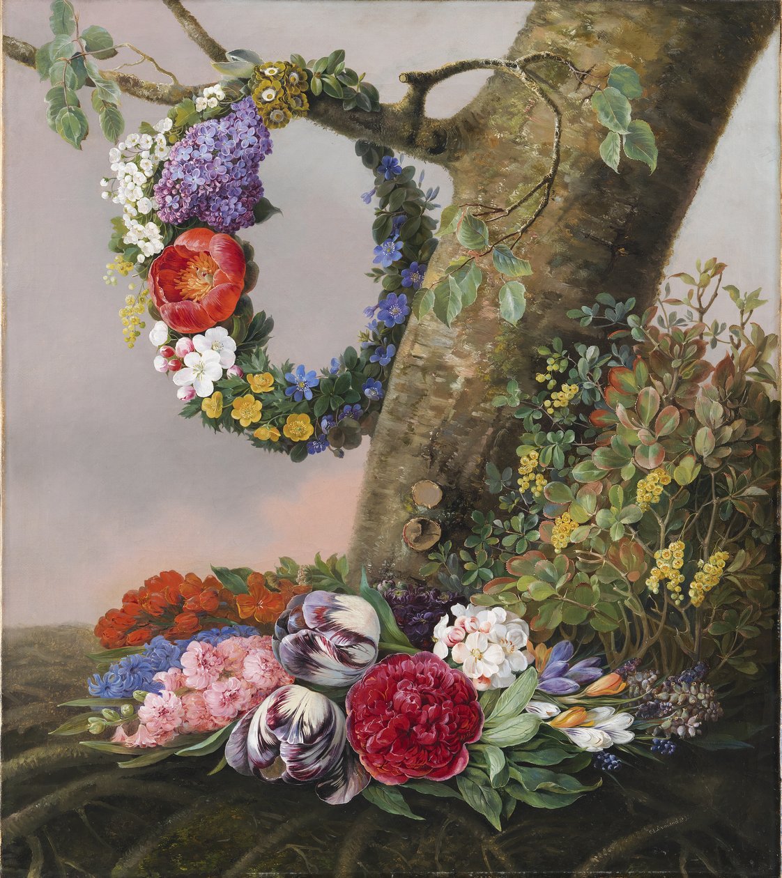 一束鲜花插在一棵树的根部。树枝上挂着花环 作者 克里斯汀·洛夫曼