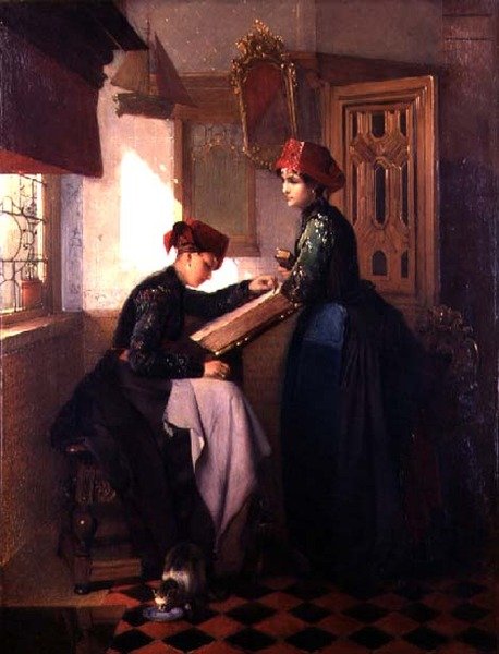 Hindeloopen女孩在室内（油画板）。 作者 克里斯托夫·比绍普（Christoffel Bisschop）
