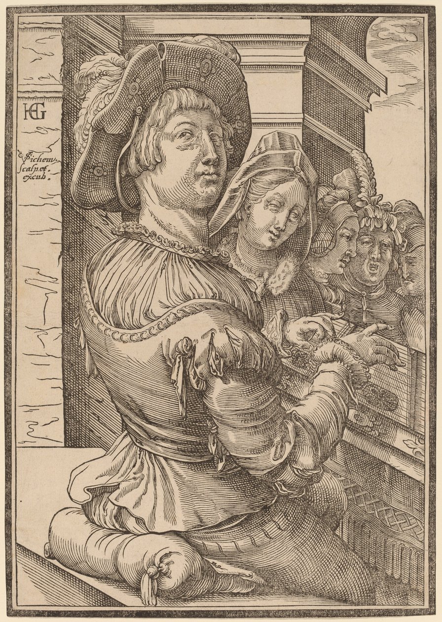 一个年轻人在弹奏诗篇 作者 Christoffel van Sichem I 在 Hendrik Goltzius 之后
