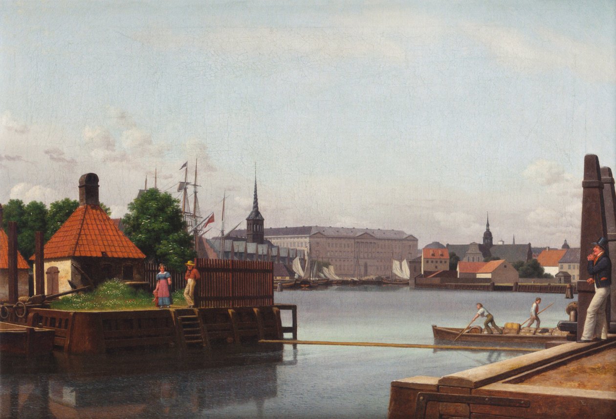 丹麦文：Børsen, Christiansborg, Holmens Kirke, set fra Asiatisk Kompagnis Plads 从亚洲公司遗址看到的交易所、克里斯蒂安堡和霍尔门教堂。 作者 克里斯托弗·威廉·埃克斯伯格