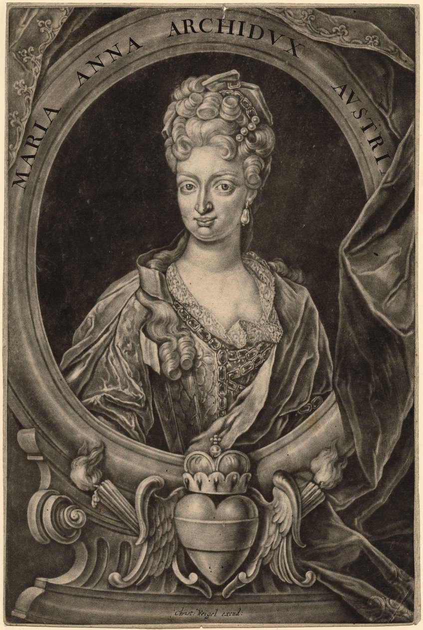 奥地利的Maria Anna，葡萄牙女王（mezzotint） 作者 克里斯多夫·韦格尔