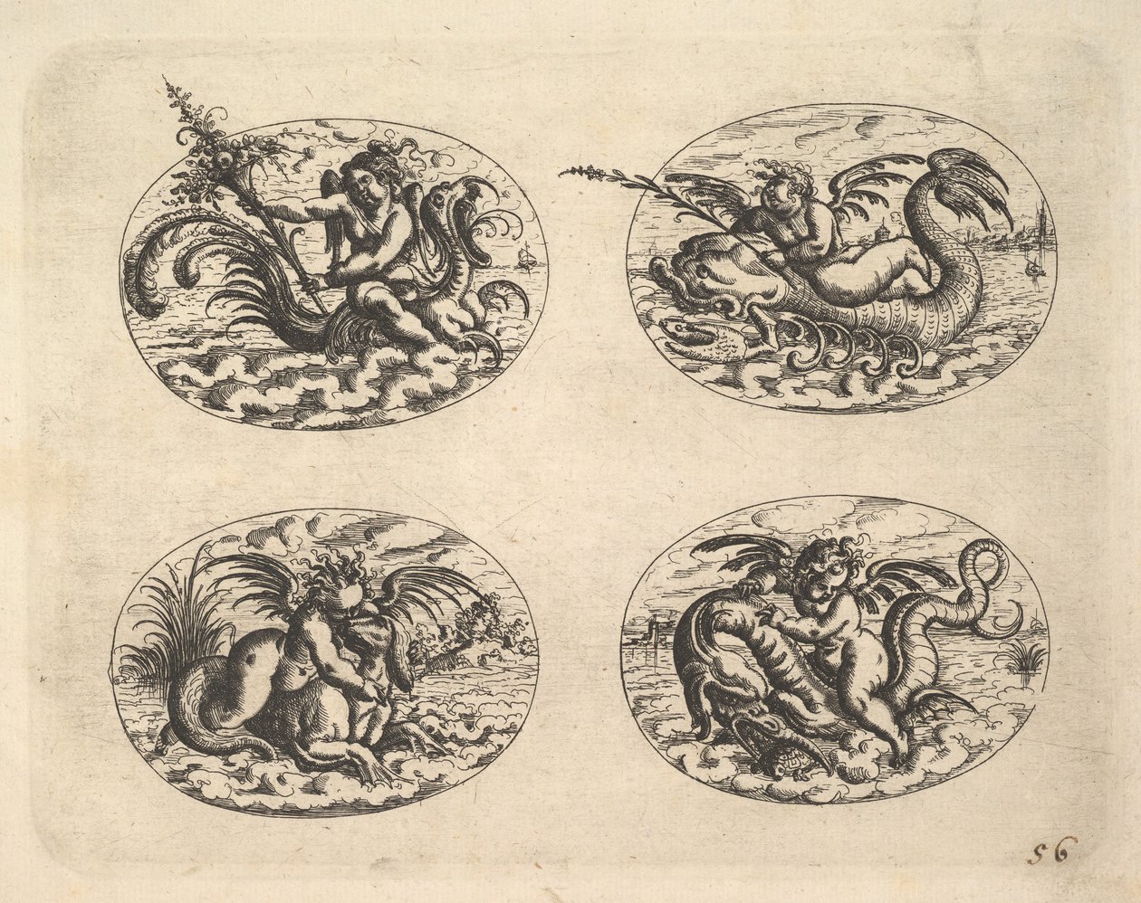 四个椭圆的精灵，来自《新格罗特斯肯布赫》的版画，1610年。 作者 克里斯托夫·詹尼策