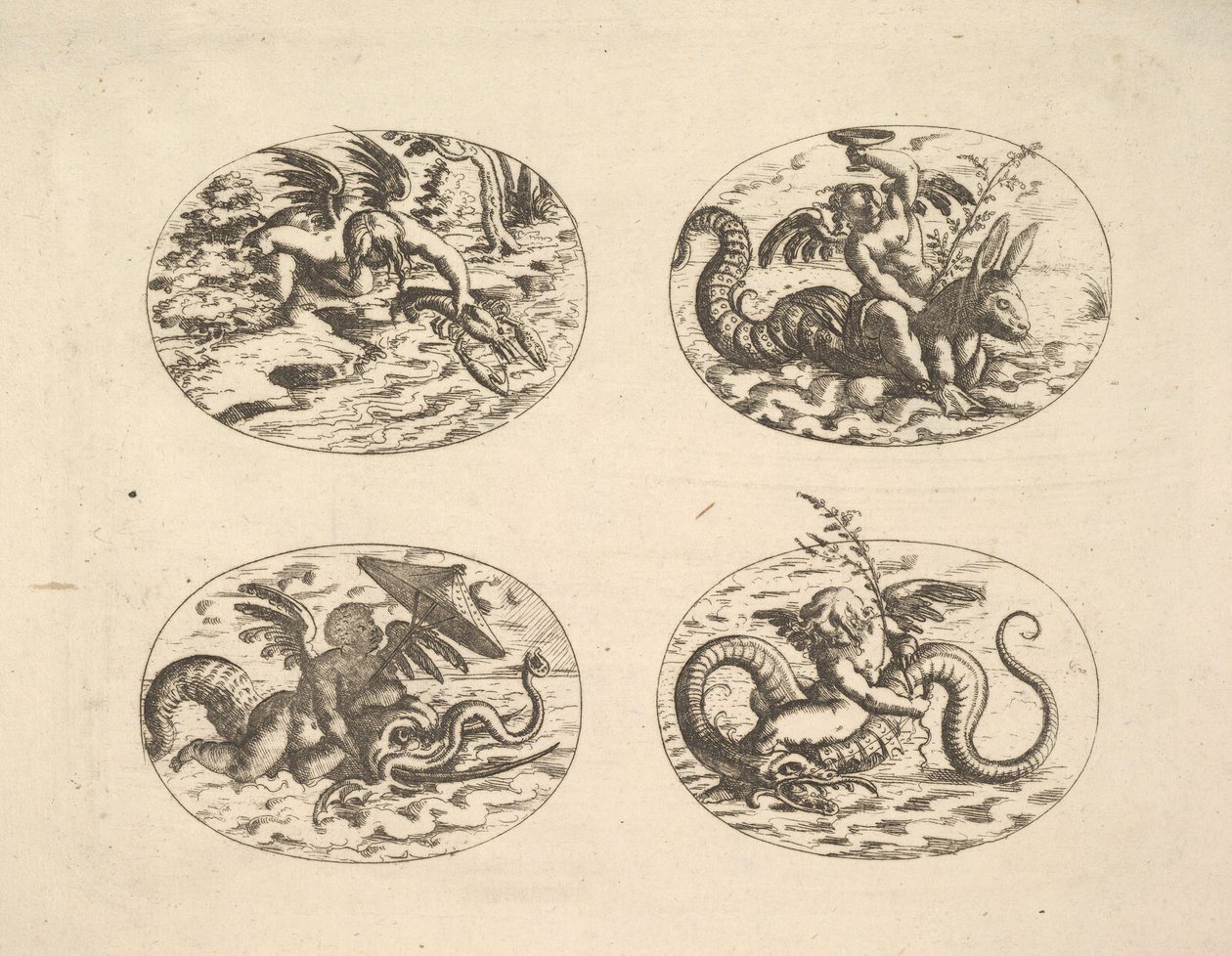 带着海怪的普提，来自《新格罗特斯肯布赫》的图版，1610年。 作者 克里斯托夫·詹尼策