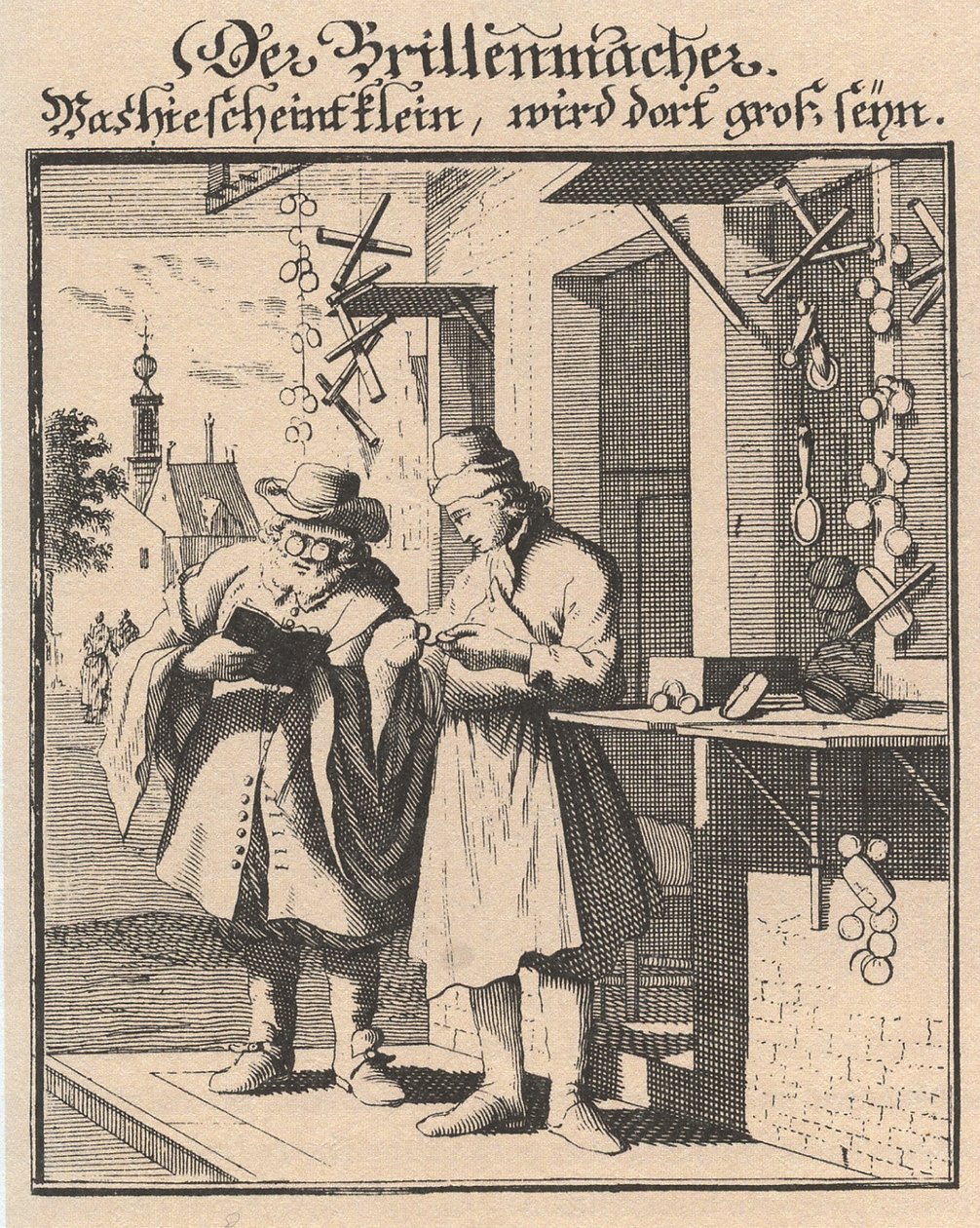 眼镜制造者，来自于公众有用的主要摊位的插图，1698年 作者 老克里斯托夫·威格尔