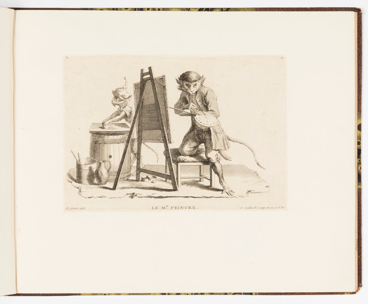 图版 11，Le Maître Peintre（绘画大师），Singeries ou différentes actions de la vie humaine représentées par des singes（猴子的把戏或猴子表现的人类生活的不同行为） 作者 克里斯多夫·休特