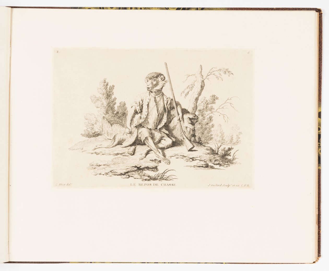 Plate 6, Le Repos de Chasse (The Rest from Hunting), Singeries ou différentes actions de la vie humaine représentées par des singes (Monkey Antics or Different Actions of Human Life represented by Monkeys) 作者 克里斯多夫·休特
