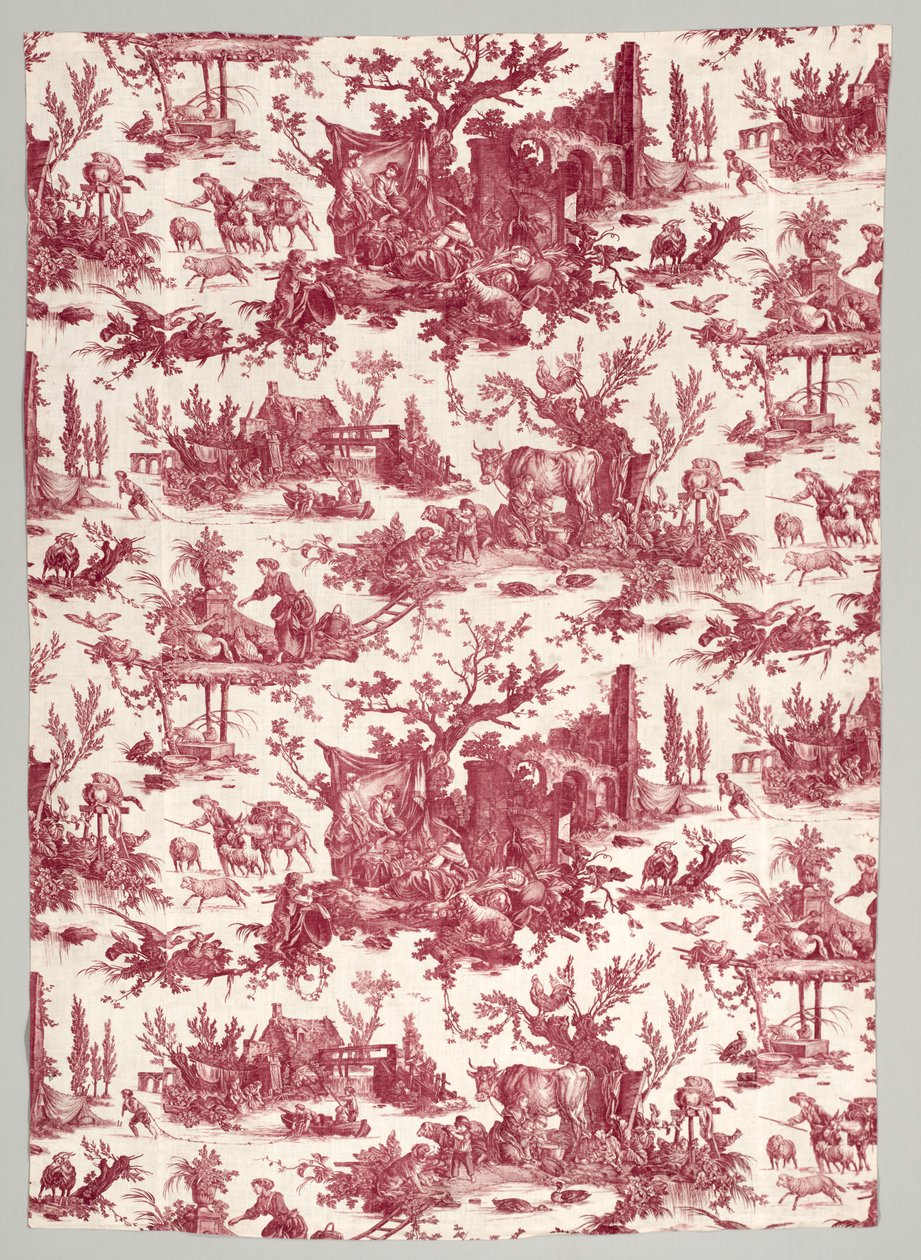 带有 "Les plaisirs de la ferme "设计的铜版印刷棉条，1785-1790。 作者 克里斯托夫·菲利普·奥伯坎普夫