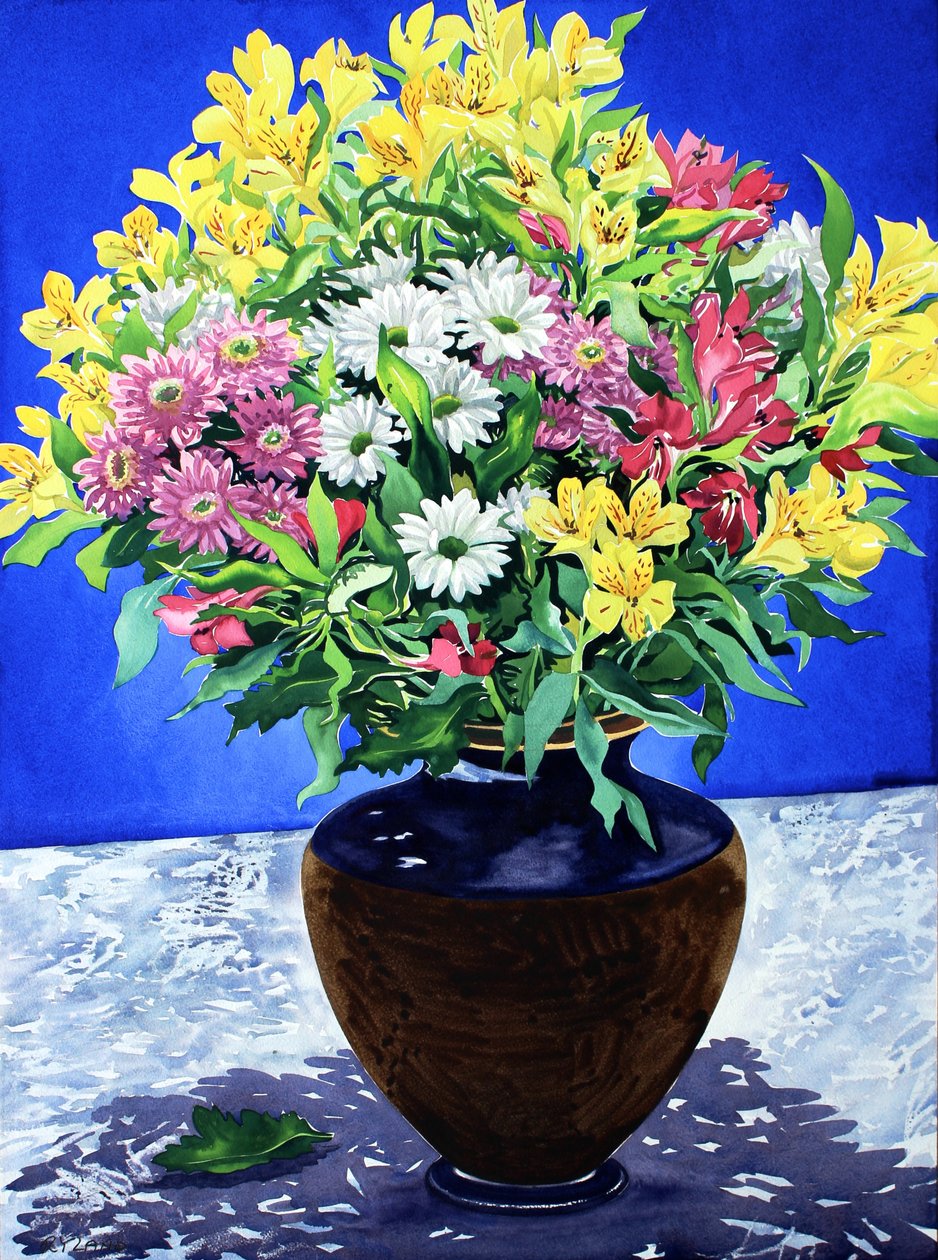大理石上的花朵（水彩和蜡纸） 作者 克里斯托弗·莱兰