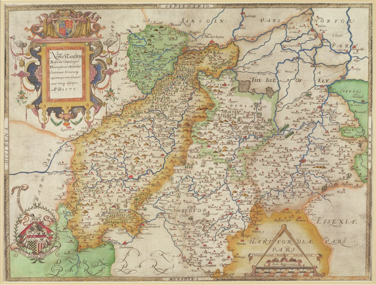 北安普顿和邻近县的地图，来自&39;英格兰和威尔士地图集&39;，1576年（铜板雕刻） 作者 克里斯托弗·萨克斯顿