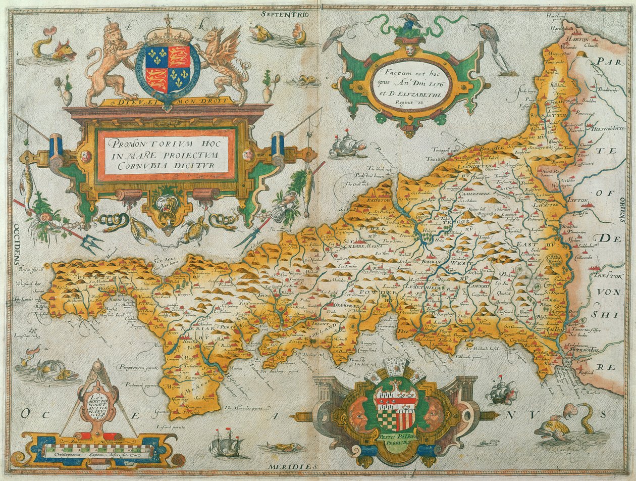 康沃尔郡地图，1579年（手工彩色雕刻） 作者 克里斯托弗·萨克斯顿