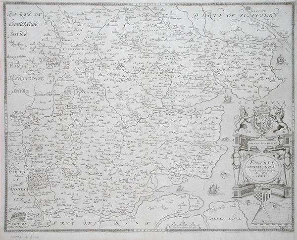 埃塞克斯地图，由威廉-韦伯刻制，1645年出版（雕刻）。 作者 克里斯托弗（后）萨克斯顿