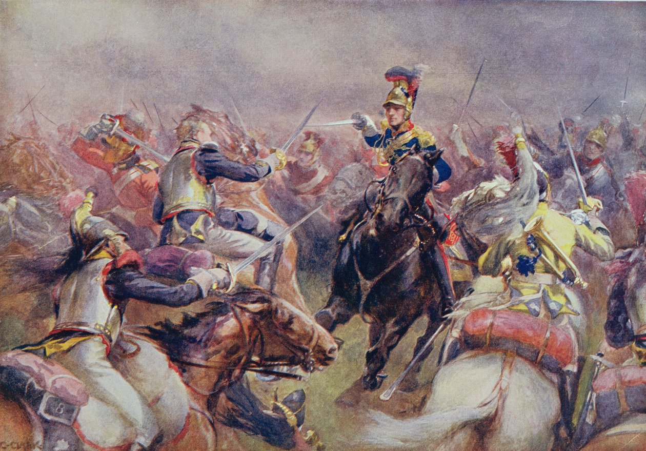 来自滑铁卢的法国胸甲骑兵的重型骑兵，由伊芙琳·伍德爵士（1838-1919）编辑的“英国陆地和海上战役”首次出版于1915年 作者 克里斯托弗·克拉克