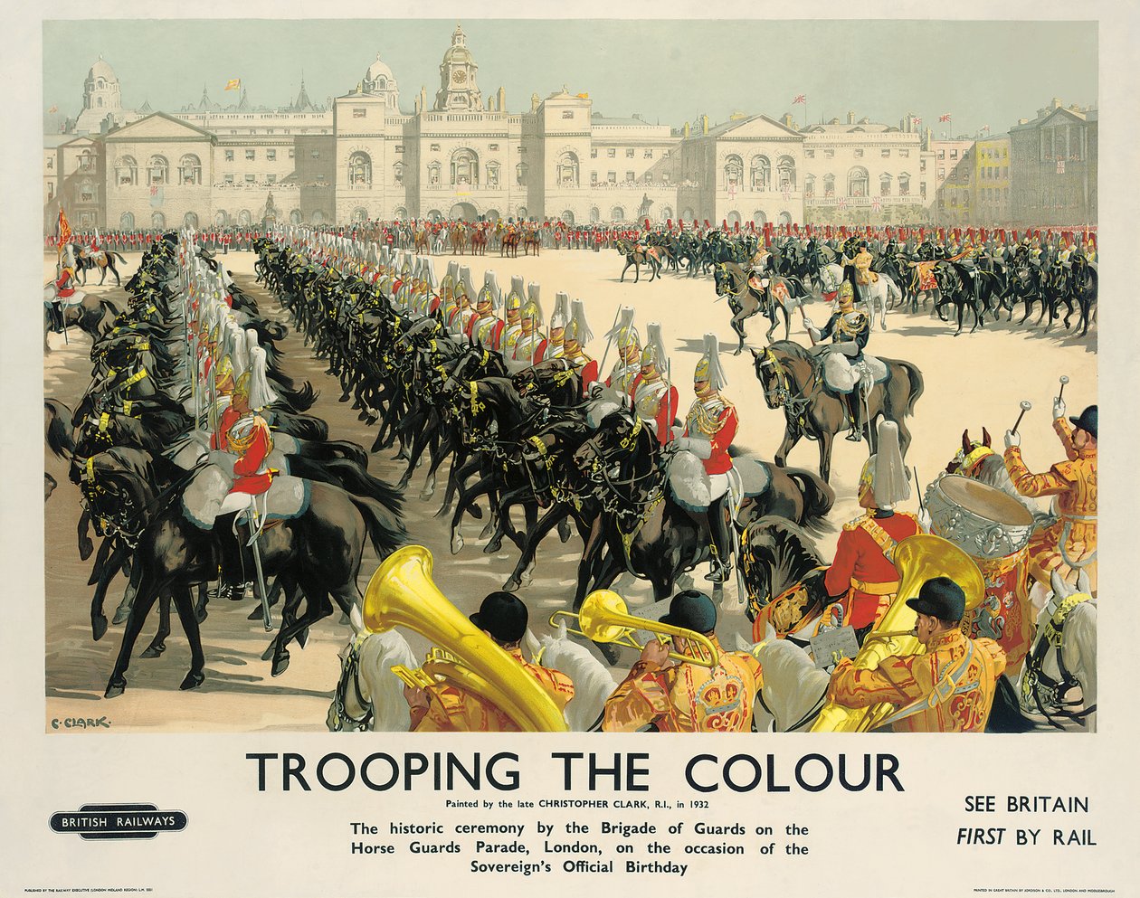 1950年，英国铁路公司的广告海报“ Trooping the Colour”（彩色石版画） 作者 克里斯托弗·克拉克