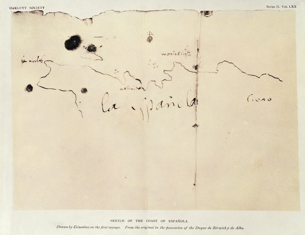Espanola海岸的草图，由哥伦布在第一次航行中绘制，原始于1492年Duque de Berwick y de Alba（墨水在纸上） 作者 克里斯托弗·哥伦布