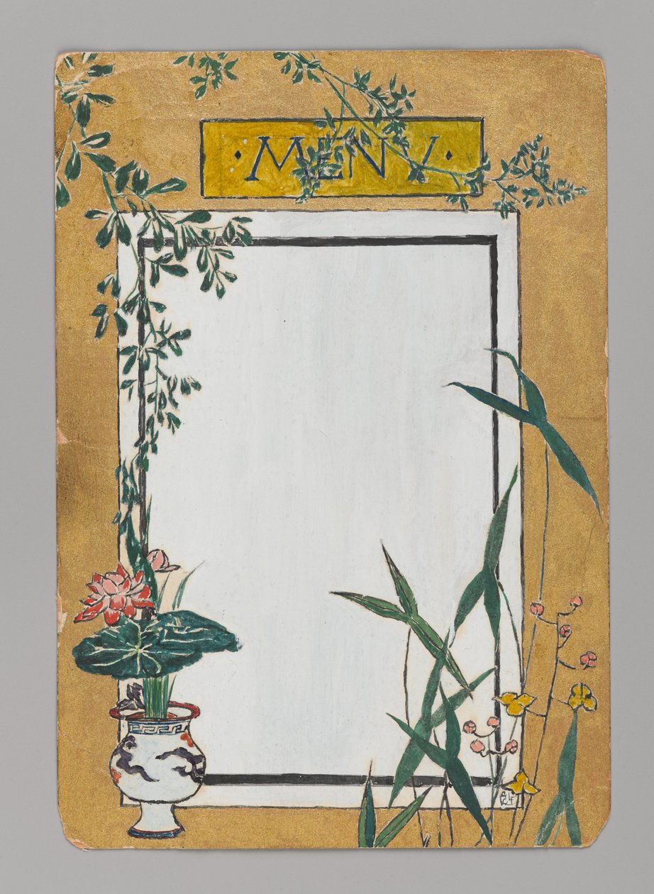 带有竹子和花朵的菜单卡，约 1880 年。水彩、黑墨和金属颜料 作者 克里斯托弗·格兰特·拉法格