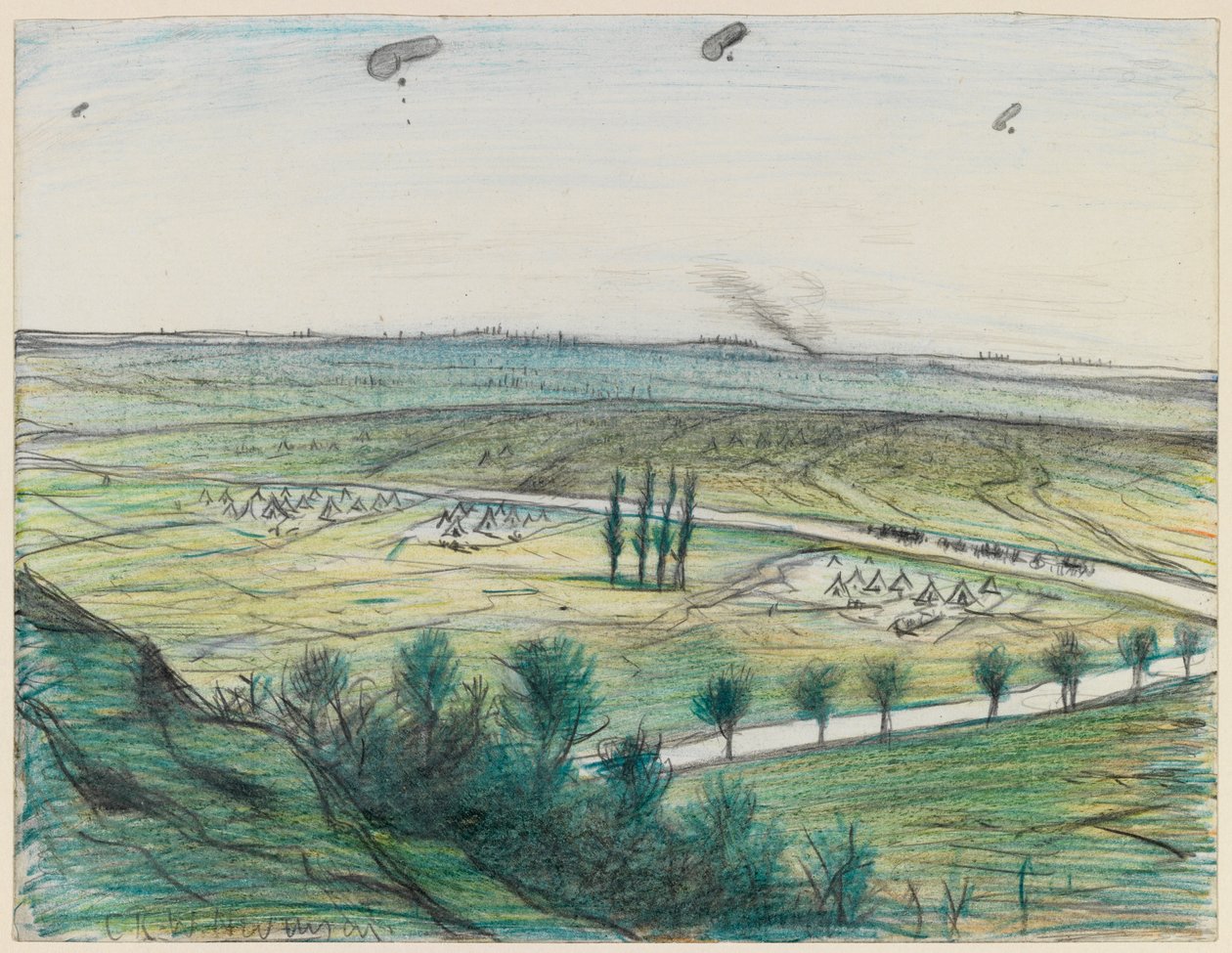 观察气球景观，1914-18（铅笔和蜡笔在纸上） 作者 克里斯托弗·理查德·怀恩·内文森