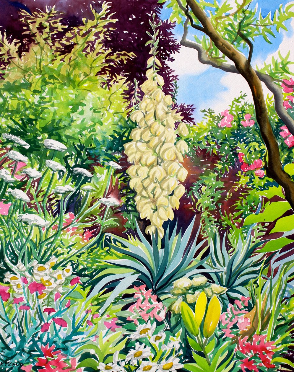 花园与开花丝兰（纸上水彩） 作者 克里斯托弗·莱兰
