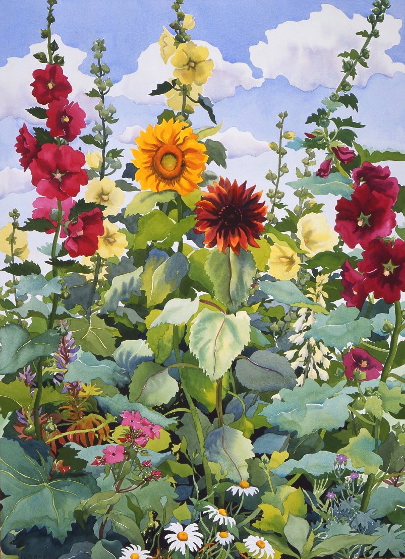 冬青和向日葵，2003年（纸上水彩）。 作者 克里斯托弗·莱兰