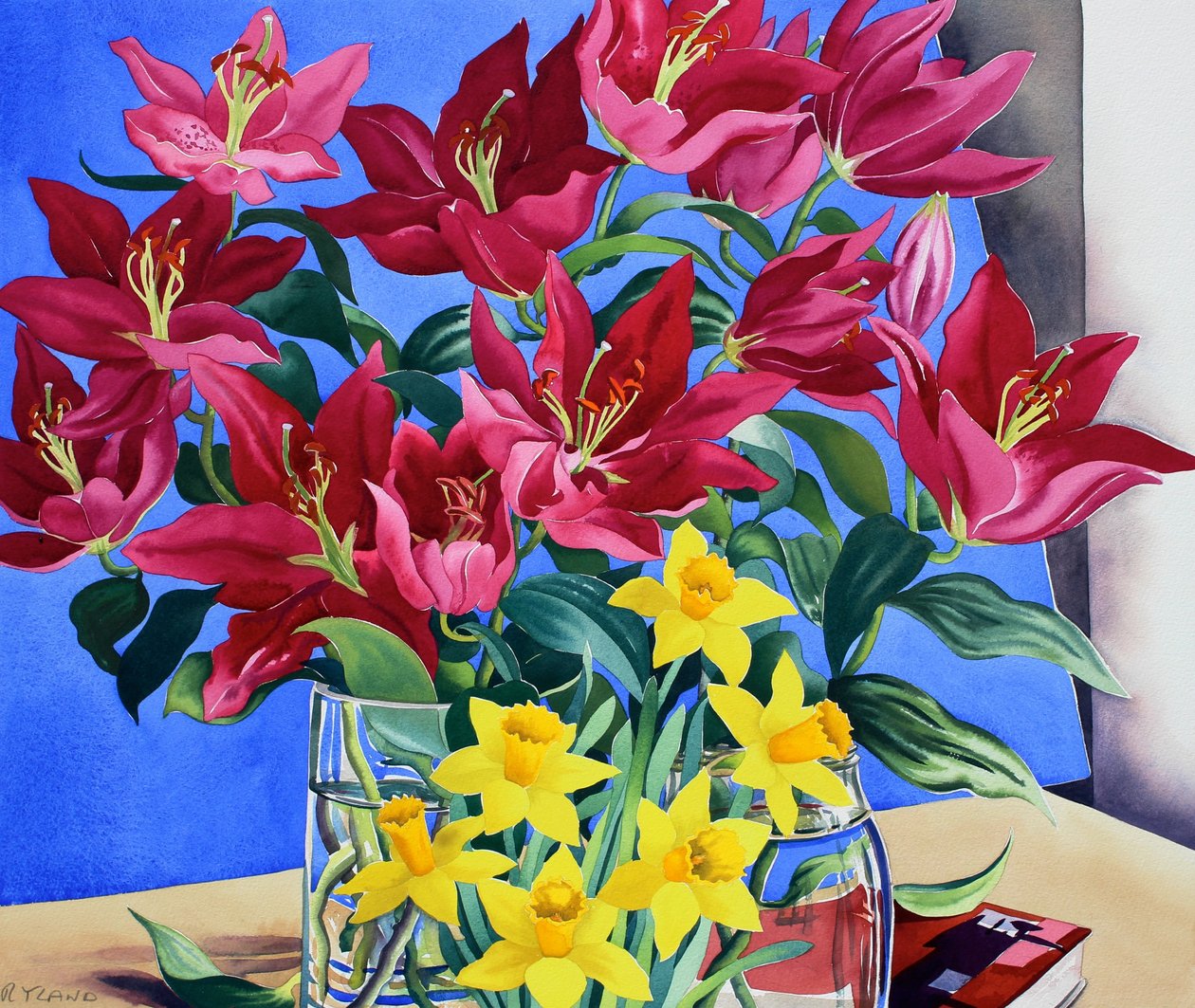 品红百合花和水仙花（纸上水彩画 作者 克里斯托弗·莱兰