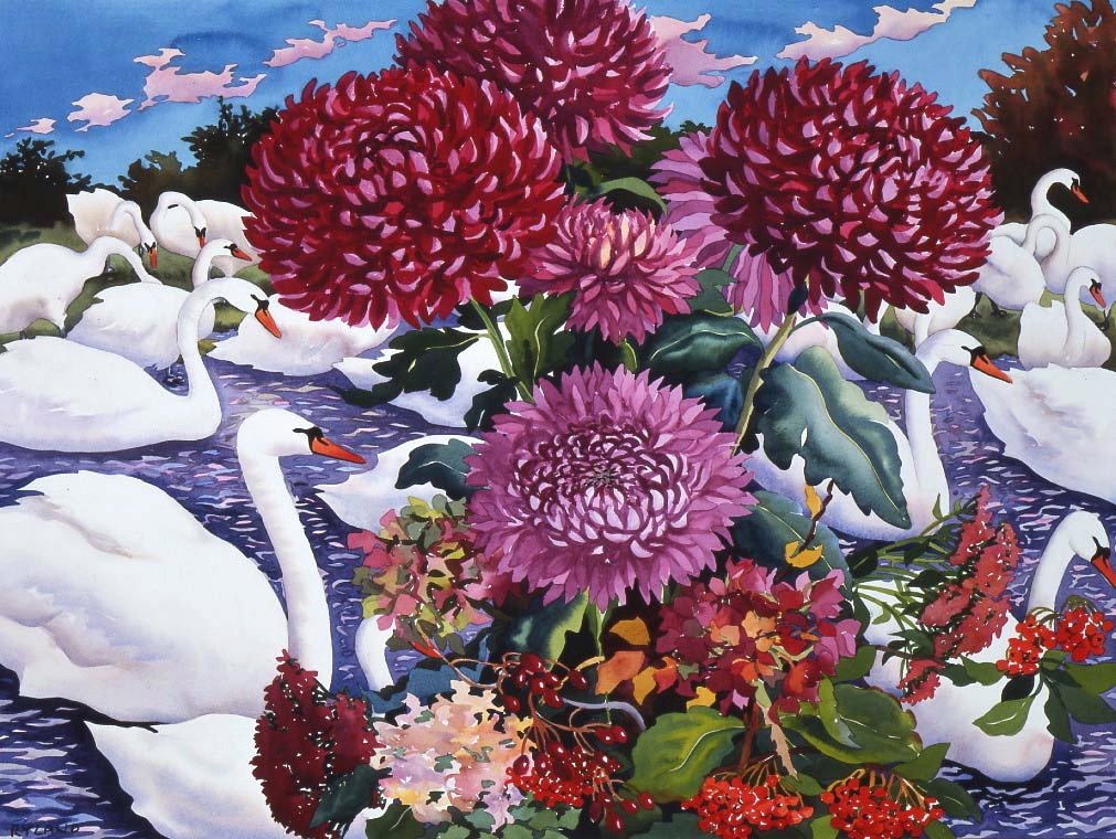 天鹅与菊花》，2005年（纸上水彩）。 作者 克里斯托弗·莱兰
