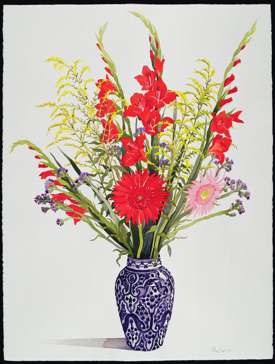 蓝色摩洛哥花瓶中的虎百合，剑兰和Scabious（wc） 作者 克里斯托弗·莱兰