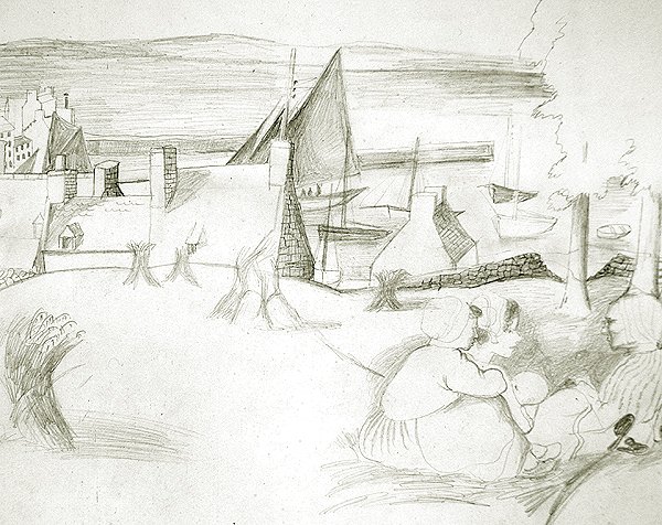 布列塔尼渔村，约1929-30（纸上铅笔）。 作者 克里斯托弗·伍德