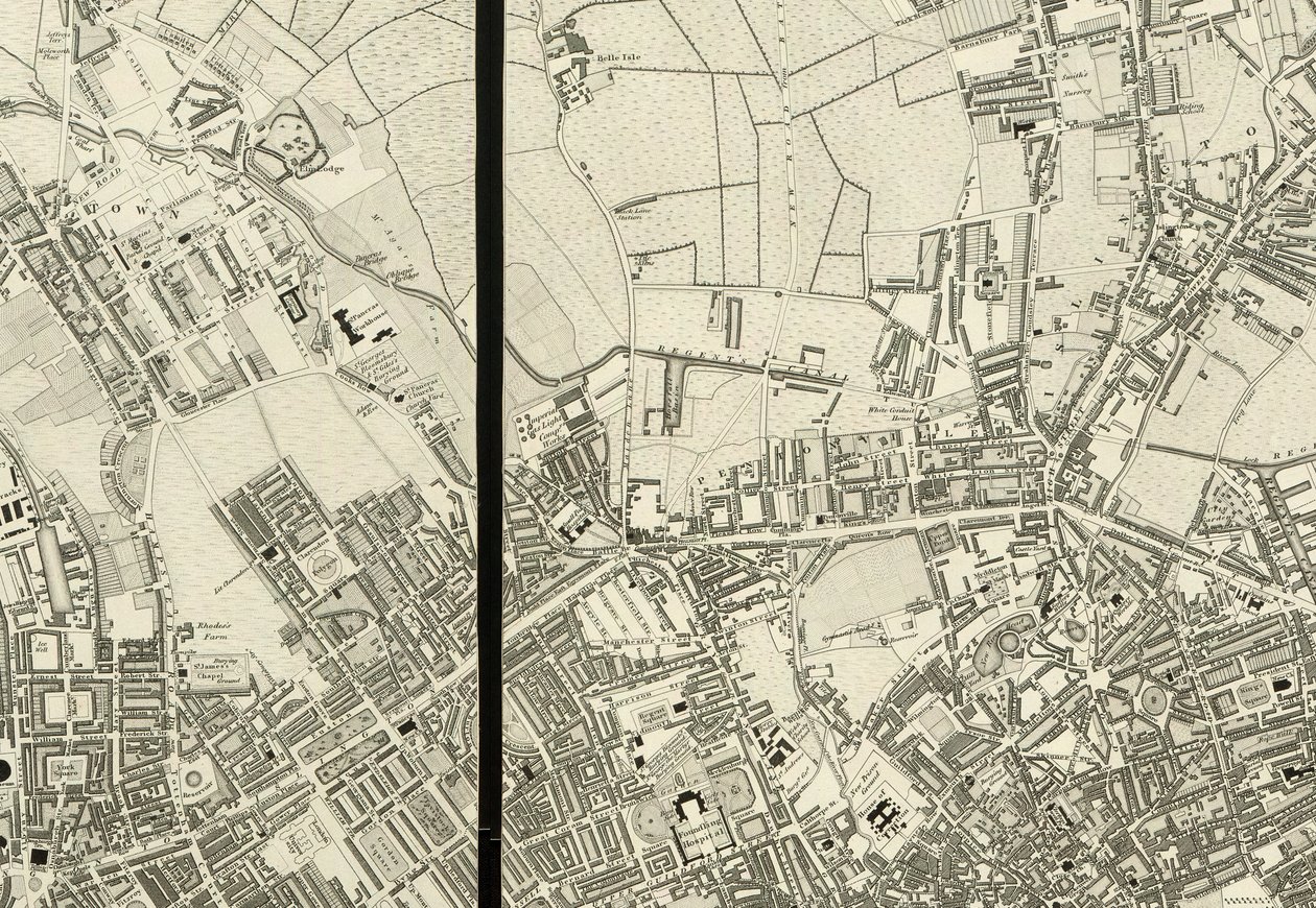 伦敦地图》中本顿维尔周边地区的详细情况，来自 1824 年的实际勘测结果 作者 克里斯托弗和约翰 (fl.1821 40) 格林伍德