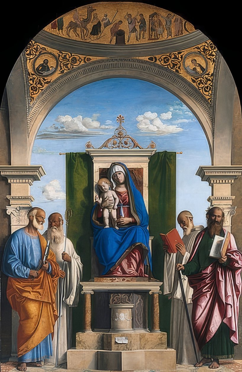 玛丽亚带着孩子登基。 1495-97 作者 Cima da Conegliano