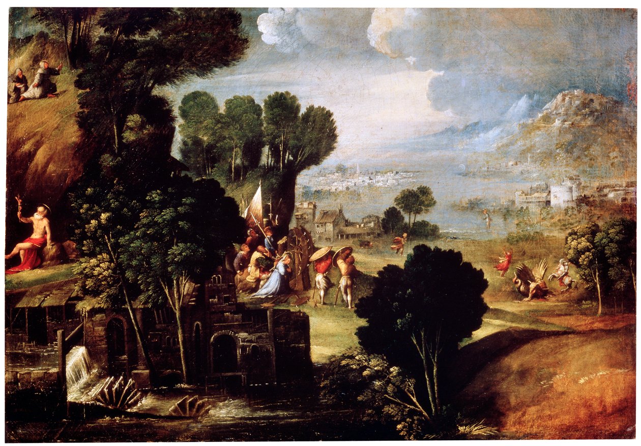 风景与圣徒的生活场景，c1530 作者 Dosso Dossi圈子