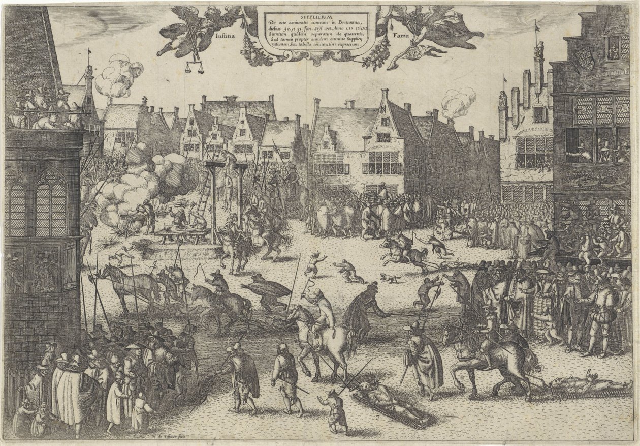 处决火药叛国阴谋家，1606 年
Supplicium de octo coniuratis sumtum in Britannia（物品上的标题） 作者 克拉斯·扬斯。维舍尔 (II)