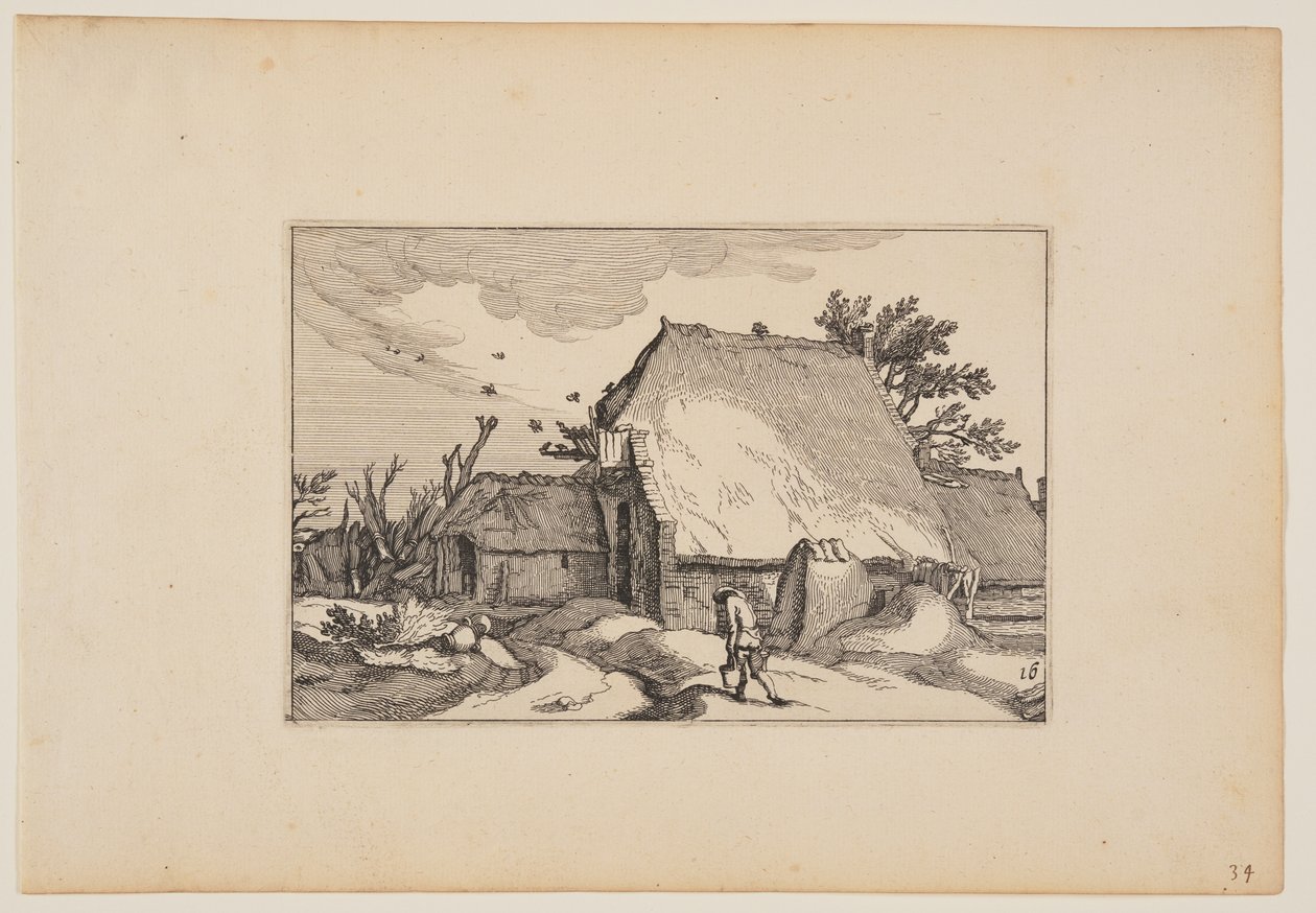 一个农场，一个人拿着两个水桶走在前面的小路上，选自 Landscapes (Verscheyden aerdige Lanthuysen...) 作者 克拉斯·扬斯。维舍尔