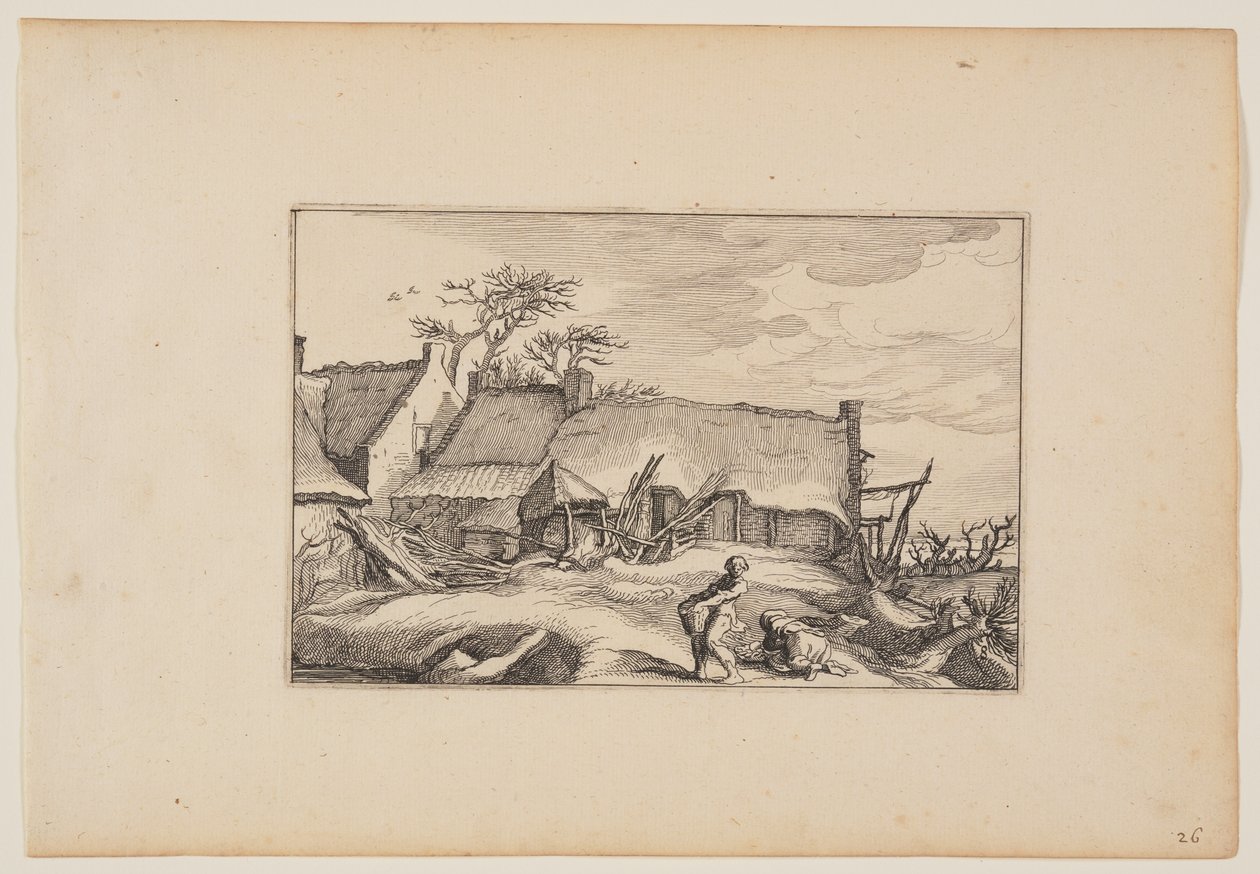 农舍，前景为提着篮子的男子，选自风景画（Verscheyden aerdige Lanthuysen...） 作者 克拉斯·扬斯。维舍尔