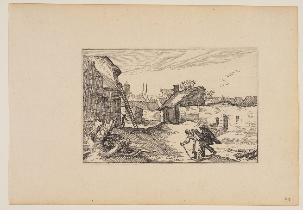 村庄，梯子靠左边的房子，选自风景画（Verscheyden aerdige Lanthuysen...） 作者 克拉斯·扬斯。维舍尔