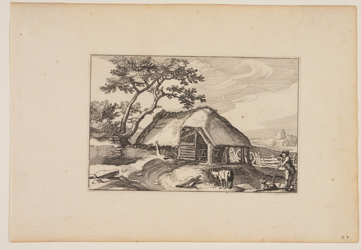 谷仓，牛群在右前方的木棍上休息，选自 Landscapes (Verscheyden aerdige Lanthuysen...) 作者 克拉斯·扬斯。维舍尔