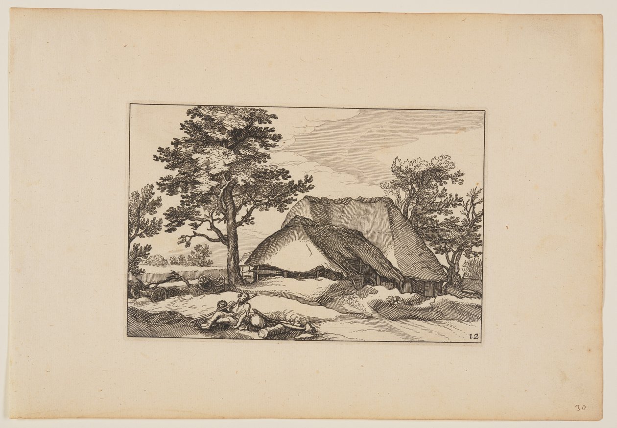 谷仓、休息的牛群和位于前景中央的狗，选自 Landscapes (Verscheyden aerdige Lanthuysen...) 作者 克拉斯·扬斯。维舍尔