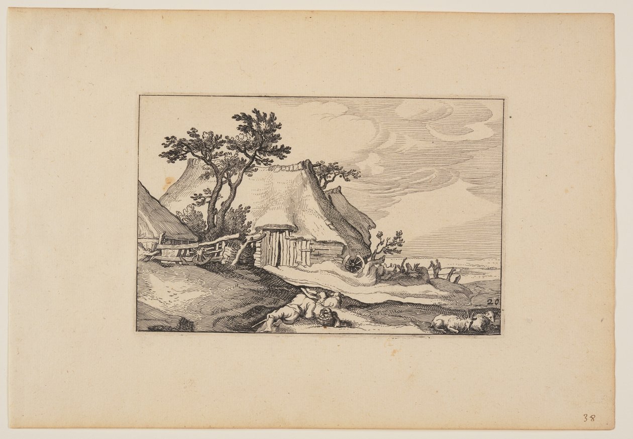 谷仓，休息的人与前景中的一篮子鸡蛋，选自风景画（Verscheyden aerdige Lanthuysen...） 作者 克拉斯·扬斯。维舍尔