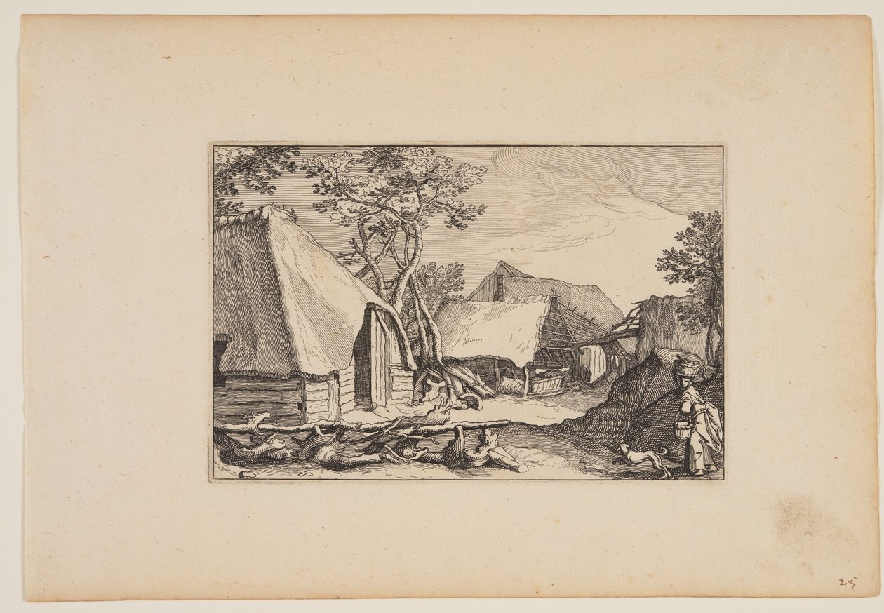 谷仓，右前方的女人和狗，选自风景画（Verscheyden aerdige Lanthuysen...） 作者 克拉斯·扬斯。维舍尔