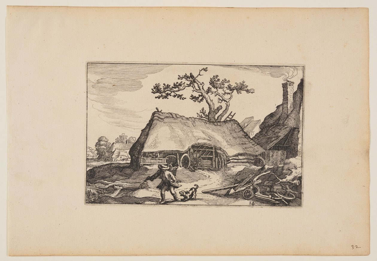 带车棚的农场，男人与狂吠的狗，选自 Landscapes 作者 克拉斯·扬斯。维舍尔