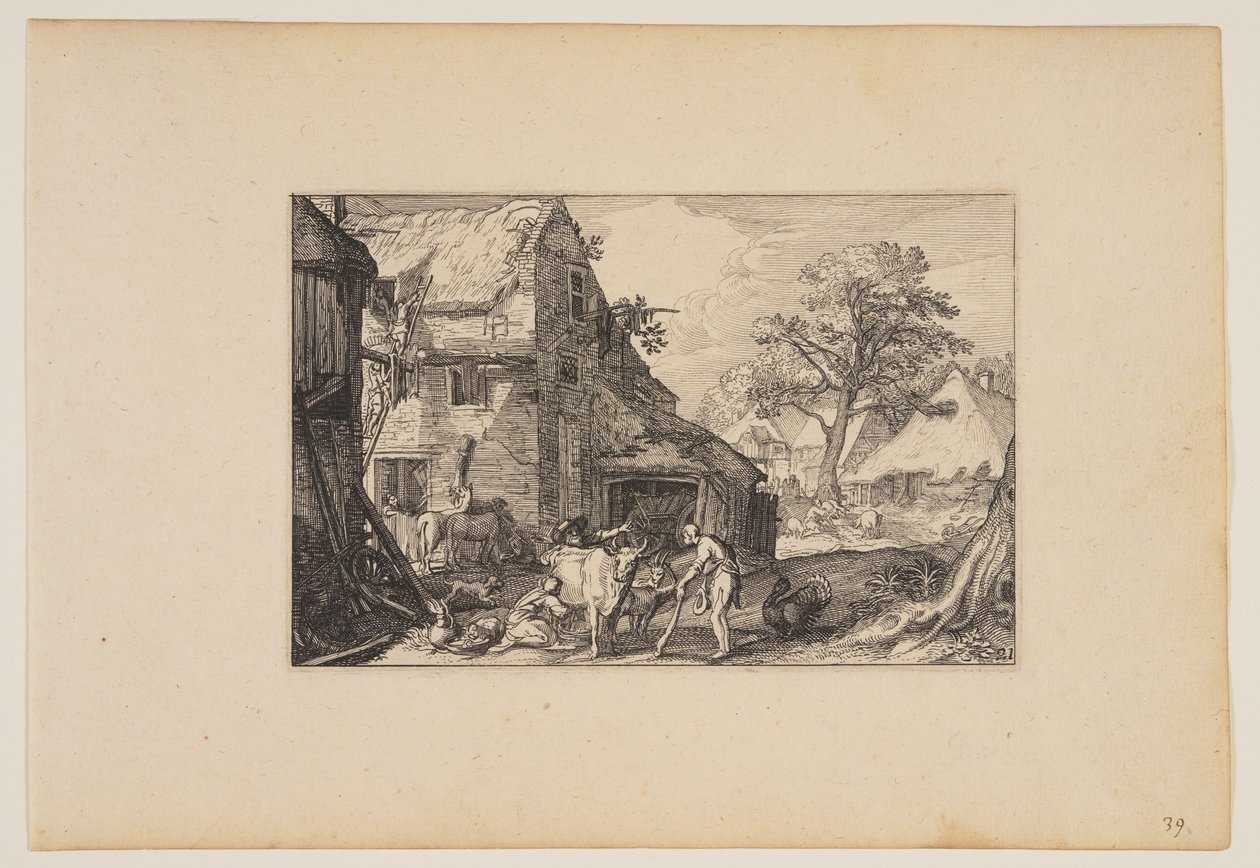 农家庭院，猪群中的浪子，选自风景画（Verscheyden aerdige Lanthuysen...） 作者 克拉斯·扬斯。维舍尔