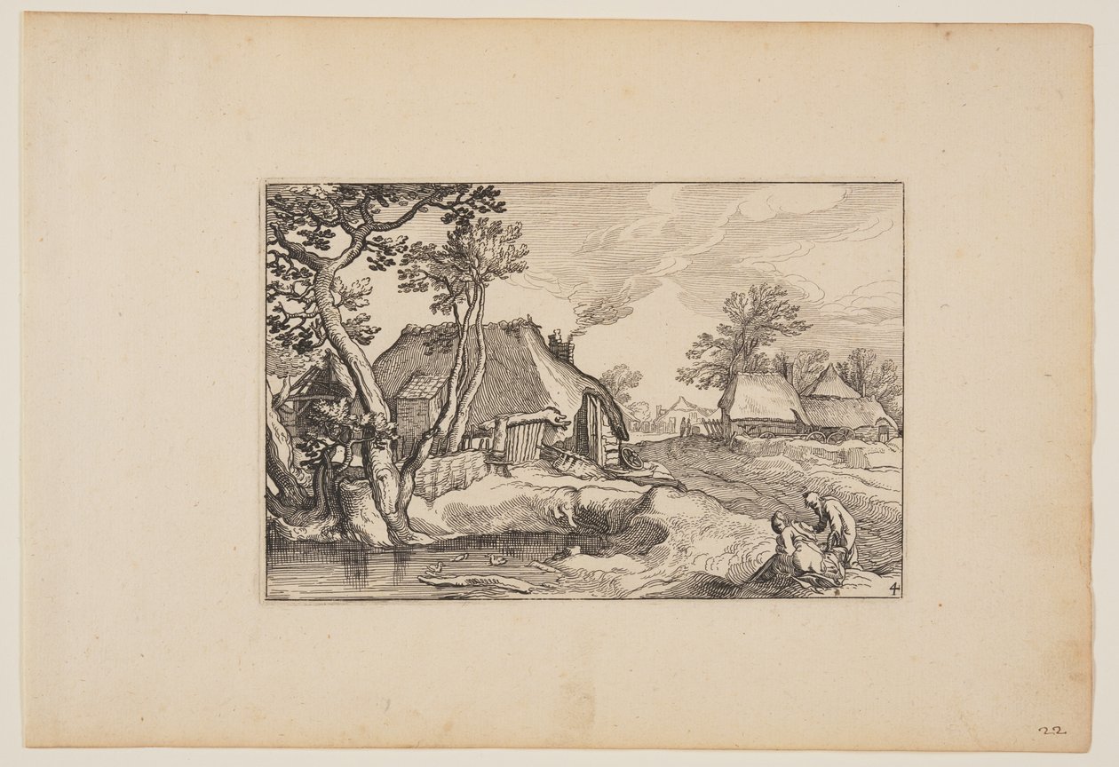 池塘边休息的老人和女人，选自风景画（Verscheyden aerdige Lanthuysen...） 作者 克拉斯·扬斯。维舍尔