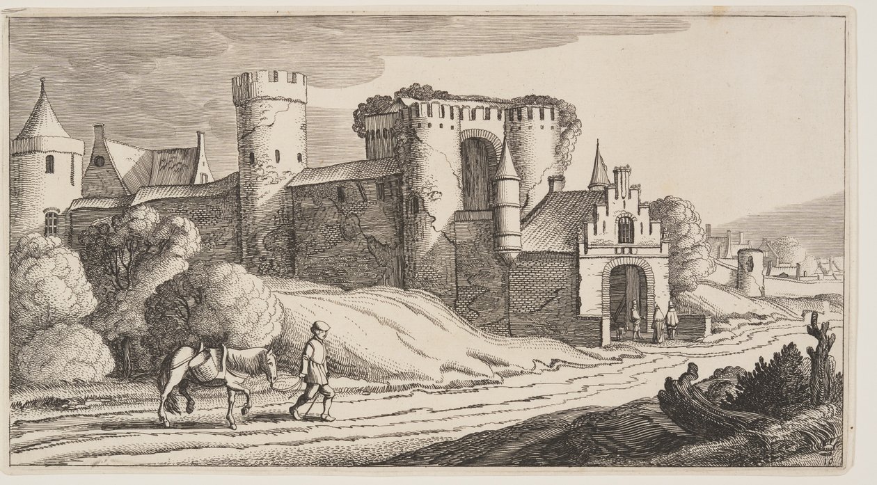 城墙附近道路上骑马的农民，选自风景画 (Playsante Lantschappen) 作者 克拉斯·扬什·维舍尔二世