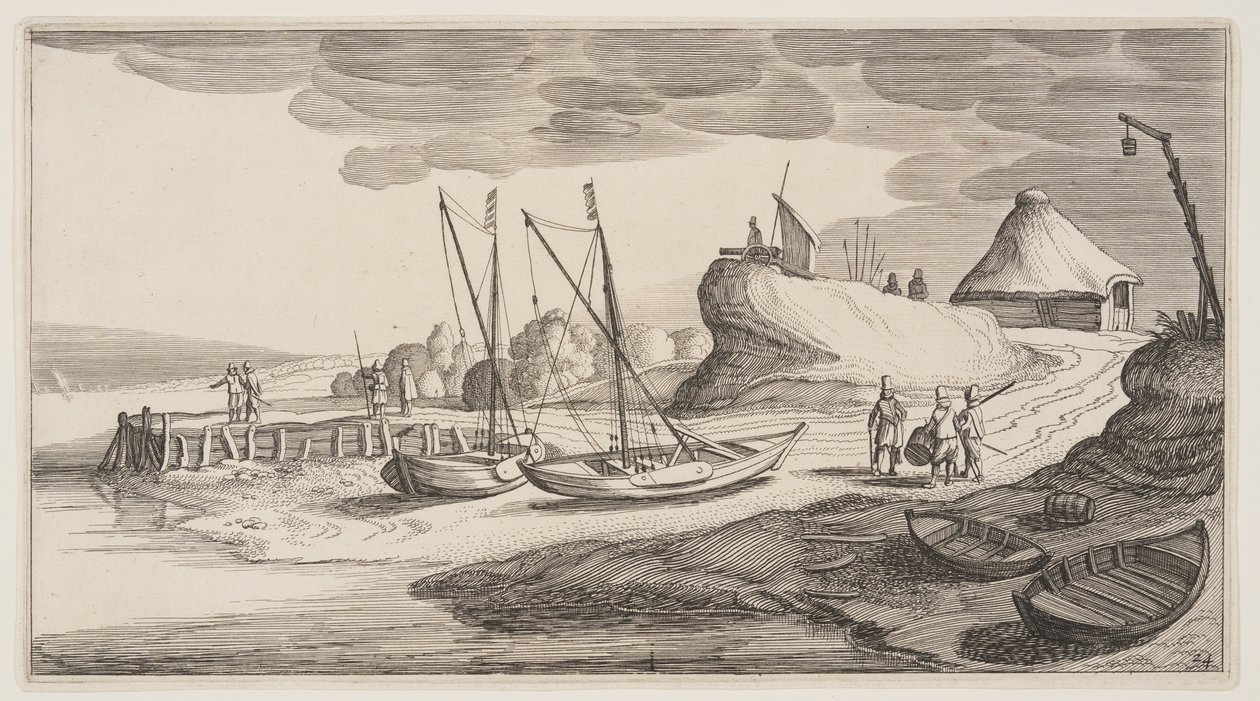 瞭望塔附近的小船，选自风景画 (Playsante Lantschappen) 作者 克拉斯·扬什·维舍尔二世