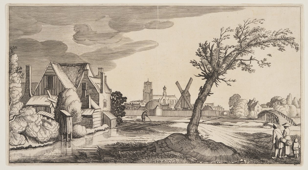 城外池塘边的房子，选自风景画 (Playsante Lantschappen) 作者 克拉斯·扬什·维舍尔二世