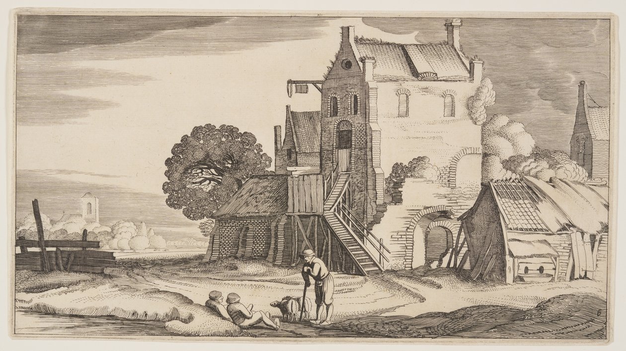 在旅馆附近交谈的三个人物，选自风景画 (Playsante Lantschappen) 作者 克拉斯·扬什·维舍尔二世