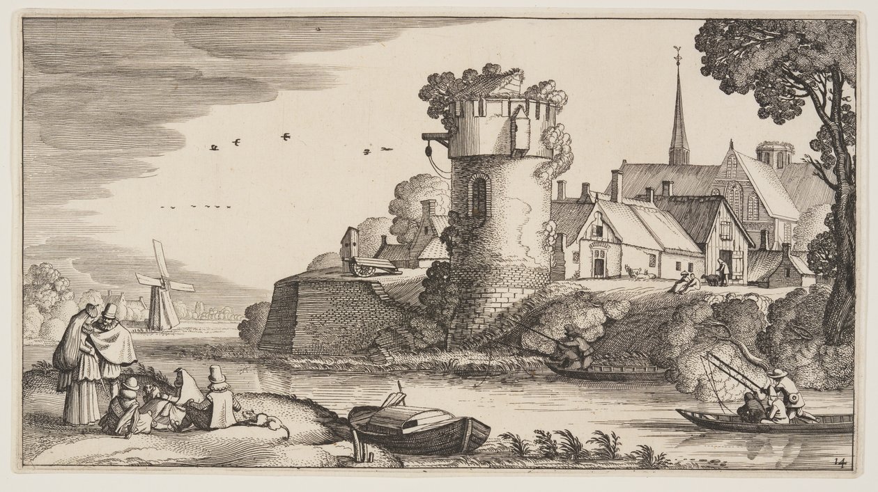 河边的瞭望塔，选自风景画 (Playsante Lantschappen) 作者 克拉斯·扬什·维舍尔二世