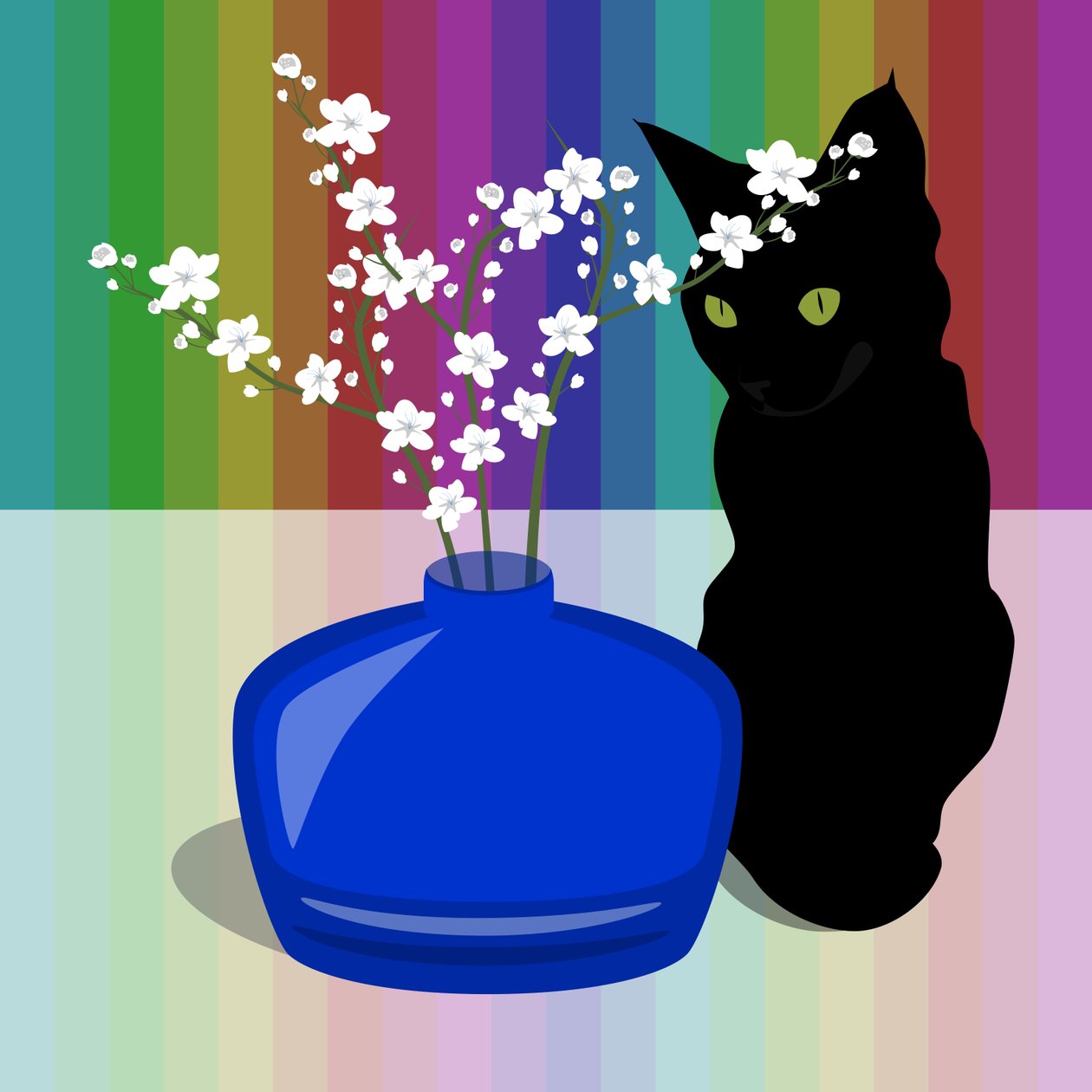 Blue Glass Vase with blossom and black cat 作者 克莱尔·亨特利
