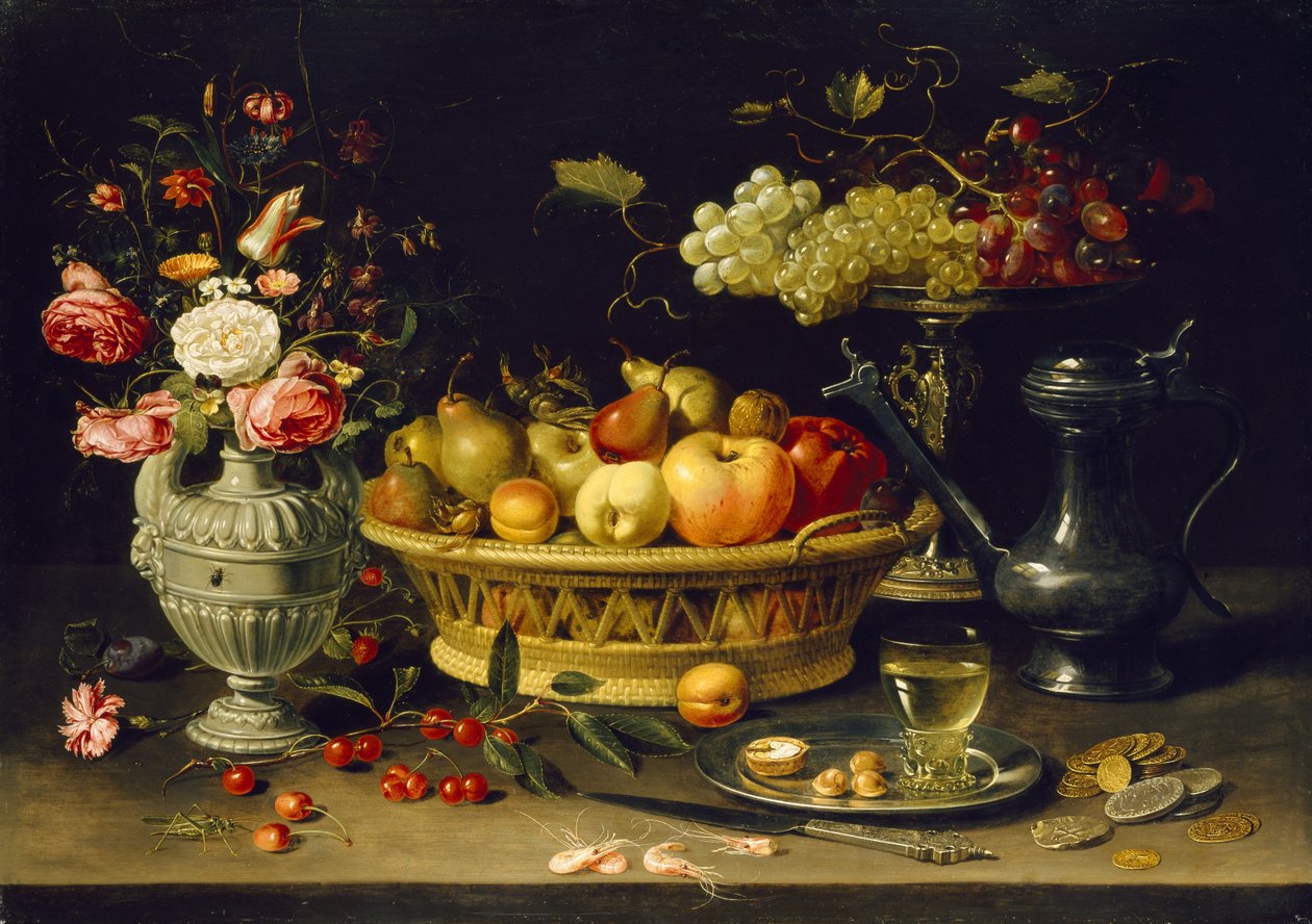 水果和鲜花静物，1608  -  1621（铜上油） 作者 夏洛特·埃文斯