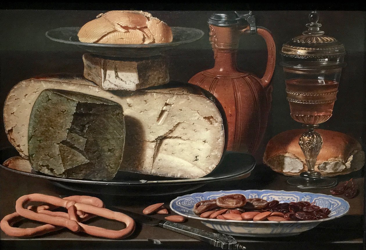 荷兰语：有奶酪、杏仁和椒盐脆饼的静物画 有奶酪、杏仁和椒盐脆饼的静物画 作者 克拉拉·皮特斯