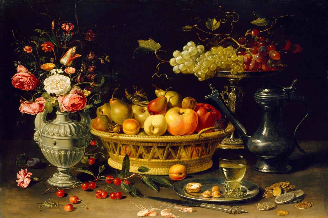 水果和花的静物画，1608-1621年 作者 克拉拉·皮特斯